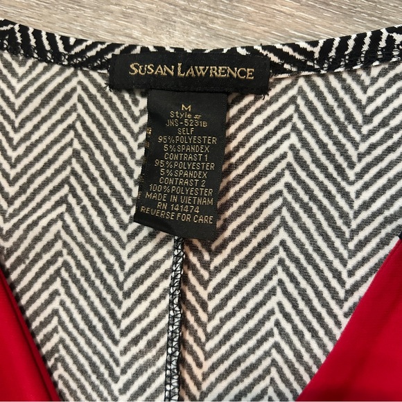 Susan Lawrence Tunic Top Medium – Red Zip V-Neck, Herringbone Print, Sheer Hem - Picture 4 of 7
